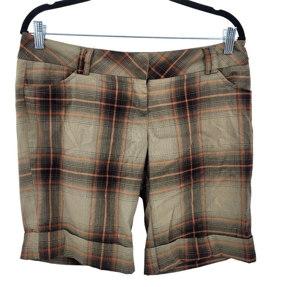 Vintage 90s Shorts L Green Plaid Dressy Cuffed Long Bermuda Academia Grunge‎